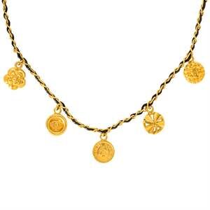 CHANEL Choker Necklace, Metal, Leather, 96 P Engraved, Gold, Coco Mark, Coin,...